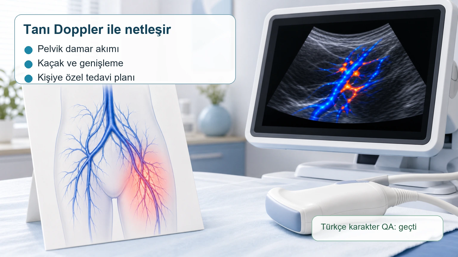 Pelvik varis tan?s?nda Doppler de?erlendirmesini g?steren T?rk?e a??klamal? klinik g?rsel.