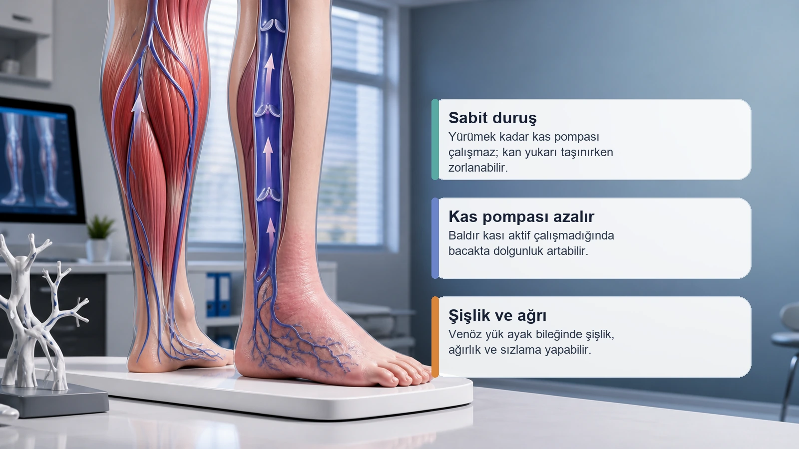 Sabit ayakta duruşta baldır kas pompası ve venöz basınç artışını gösteren medikal görsel
