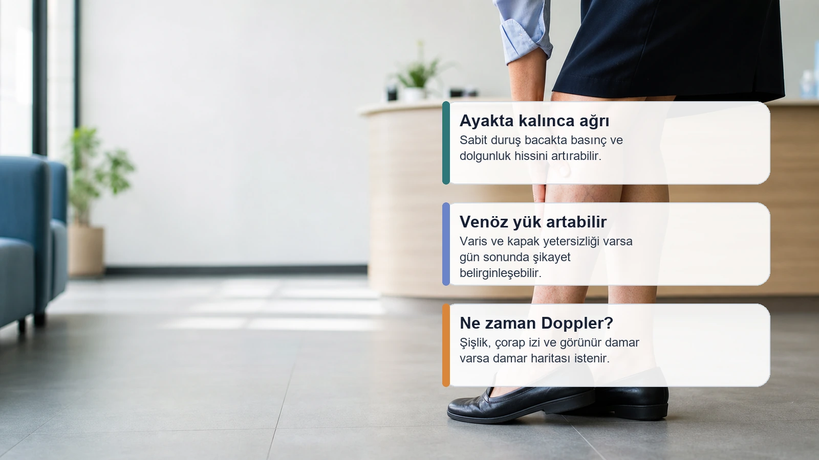 Ayakta uzun süre durunca bacak ağrısı ve venöz yetmezlik ilişkisini anlatan klinik görsel