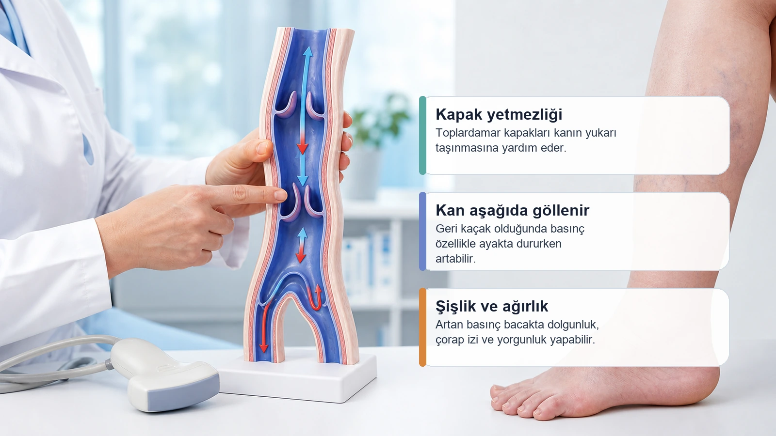 Venöz kapak yetmezliği ile bacaklarda ağırlık hissi arasındaki ilişkiyi gösteren medikal görsel
