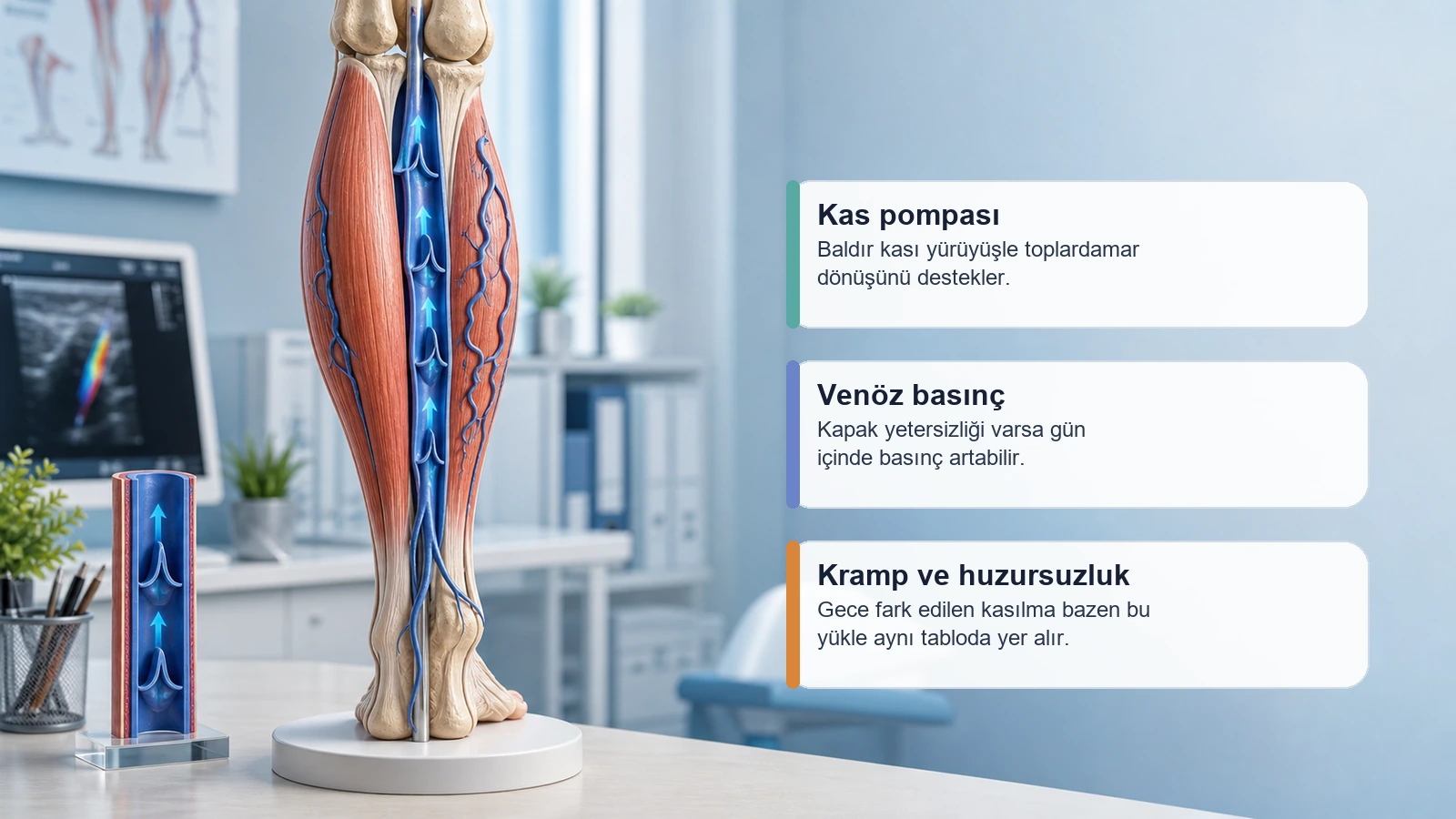 Venöz basınç artışı ve baldır kas pompasının gece krampı ile ilişkisini gösteren medikal görsel