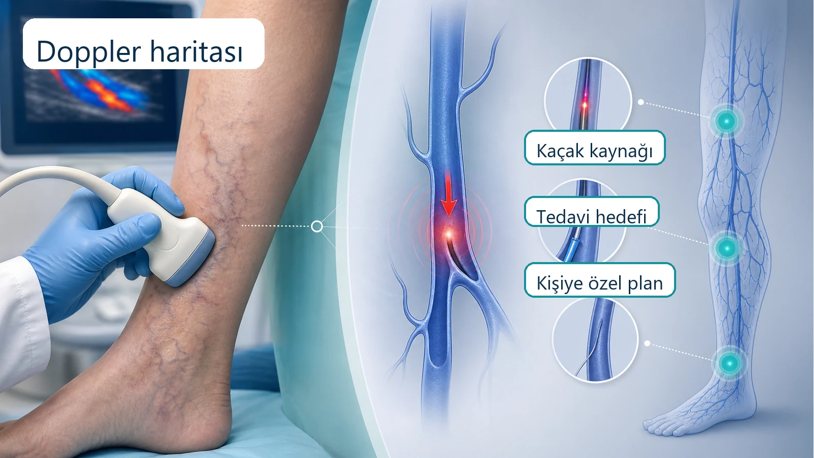 Doppler ultrasonla venöz kaçak kaynağının haritalanması ve tedavi hedefinin belirlenmesi.