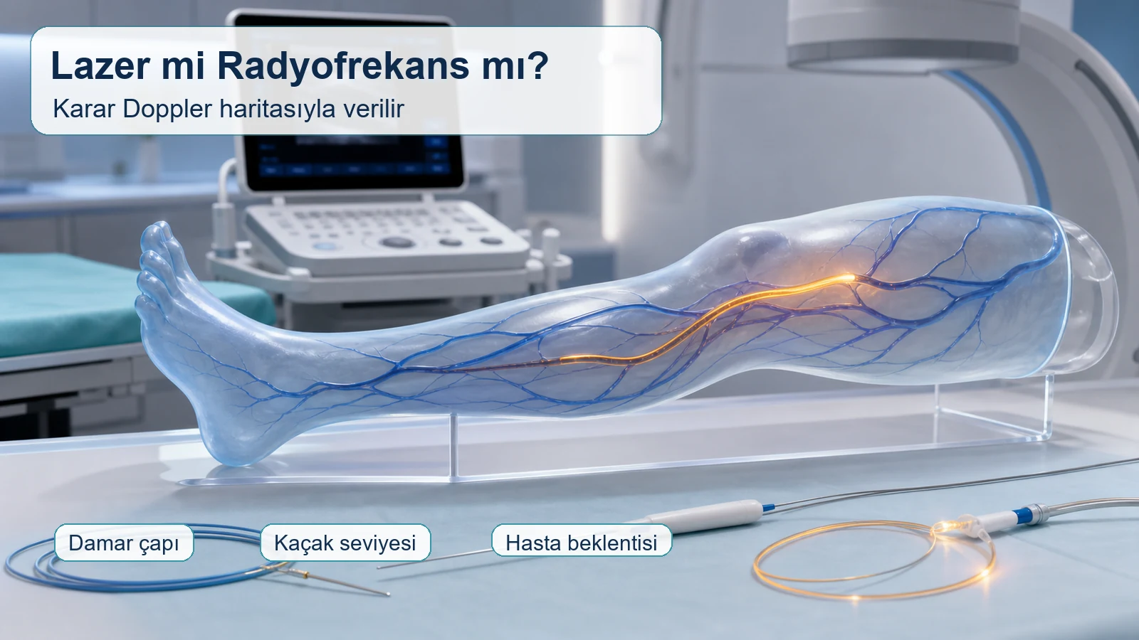 Lazer ve radyofrekans varis tedavisinin Doppler temelli kar??la?t?rmas?n? g?steren t?bbi ill?strasyon.