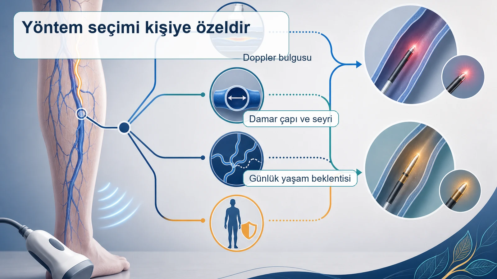Varis tedavisinde lazer veya radyofrekans se?iminin Doppler bulgular? ve damar yap?s?na g?re yap?lmas?n? anlatan karar ?emas?.