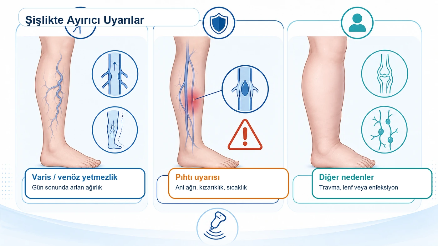 Tek bacak şişmesinde varis pıhtı ve diğer nedenleri ayıran görsel