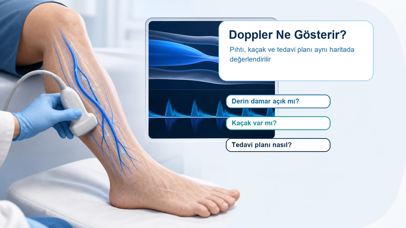 Tek bacak şişmesinde Doppler ultrason değerlendirmesini gösteren görsel