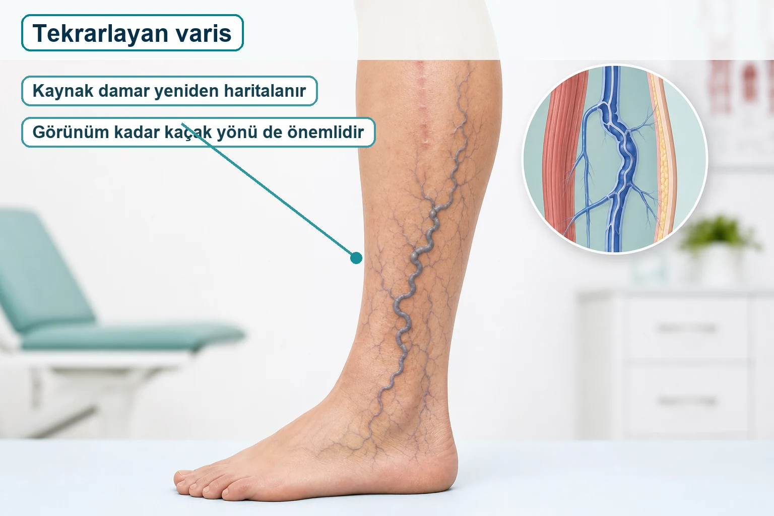 Varis ameliyatı sonrası tekrarlayan variste kaynak damar ve kaçak yönünü anlatan tıbbi görsel