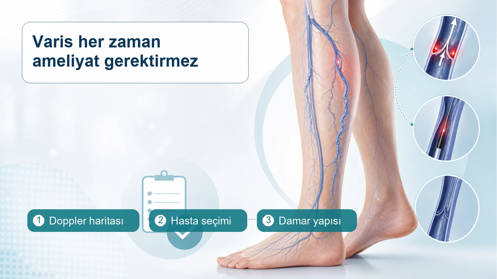 Ameliyatsız varis tedavisi için Doppler haritası, hasta seçimi ve damar yapısını anlatan tıbbi görsel
