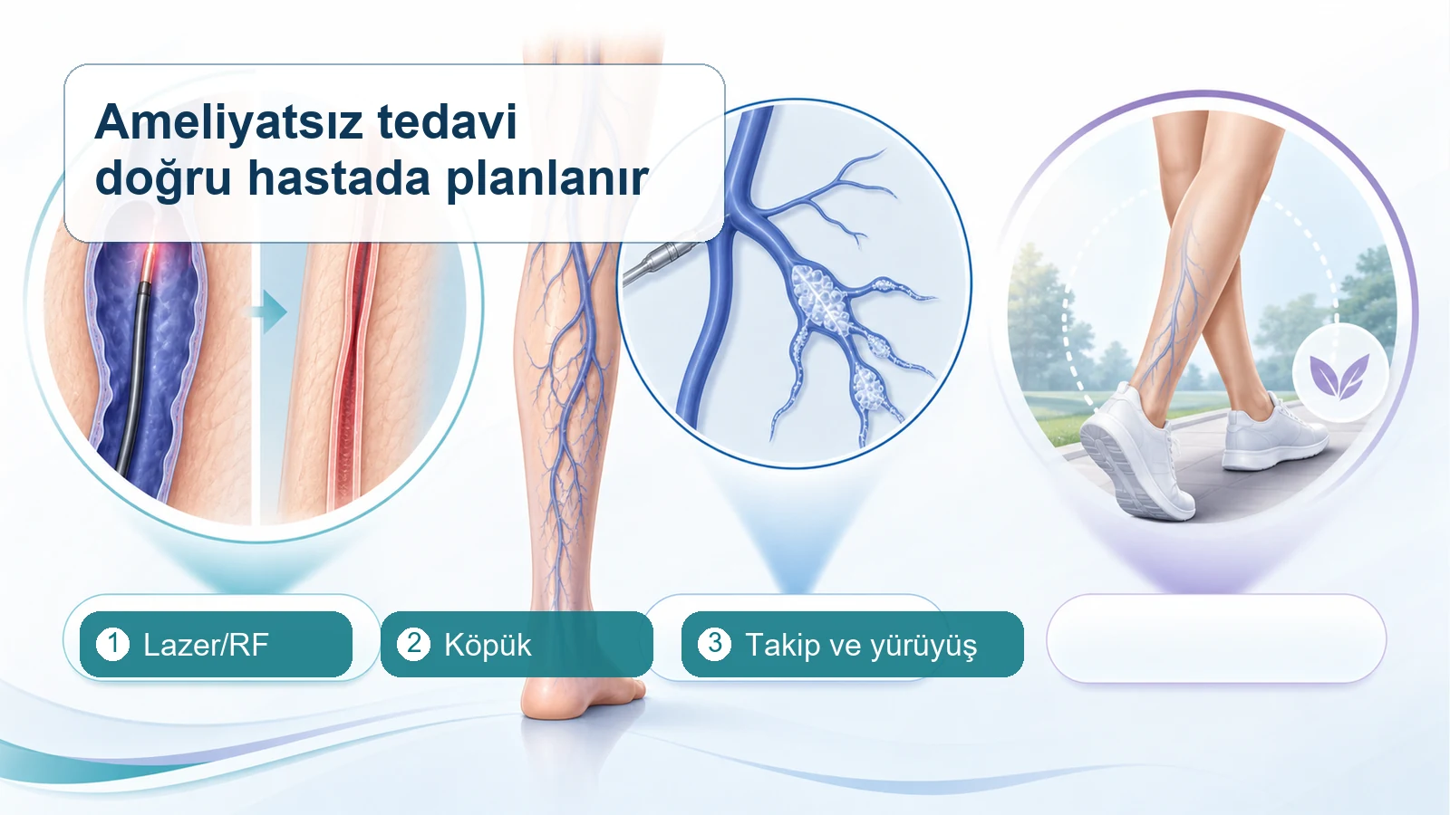 Lazer radyofrekans, köpük tedavisi ve işlem sonrası takip seçeneklerini gösteren ameliyatsız varis tedavisi görseli