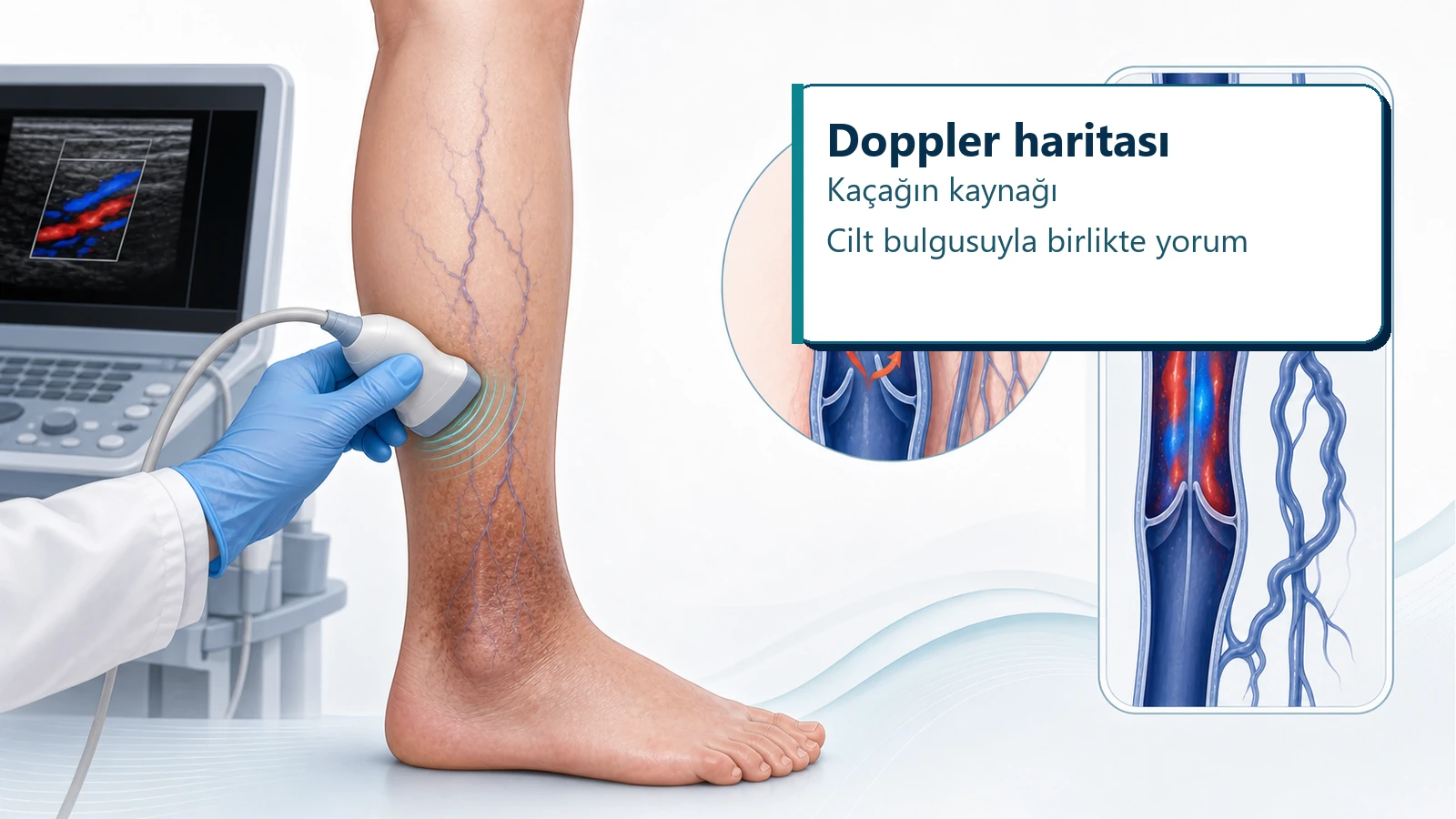 Cilt kararmas? olan bacakta Doppler ultrason ile ven?z ka?ak de?erlendirmesini g?steren g?rsel.