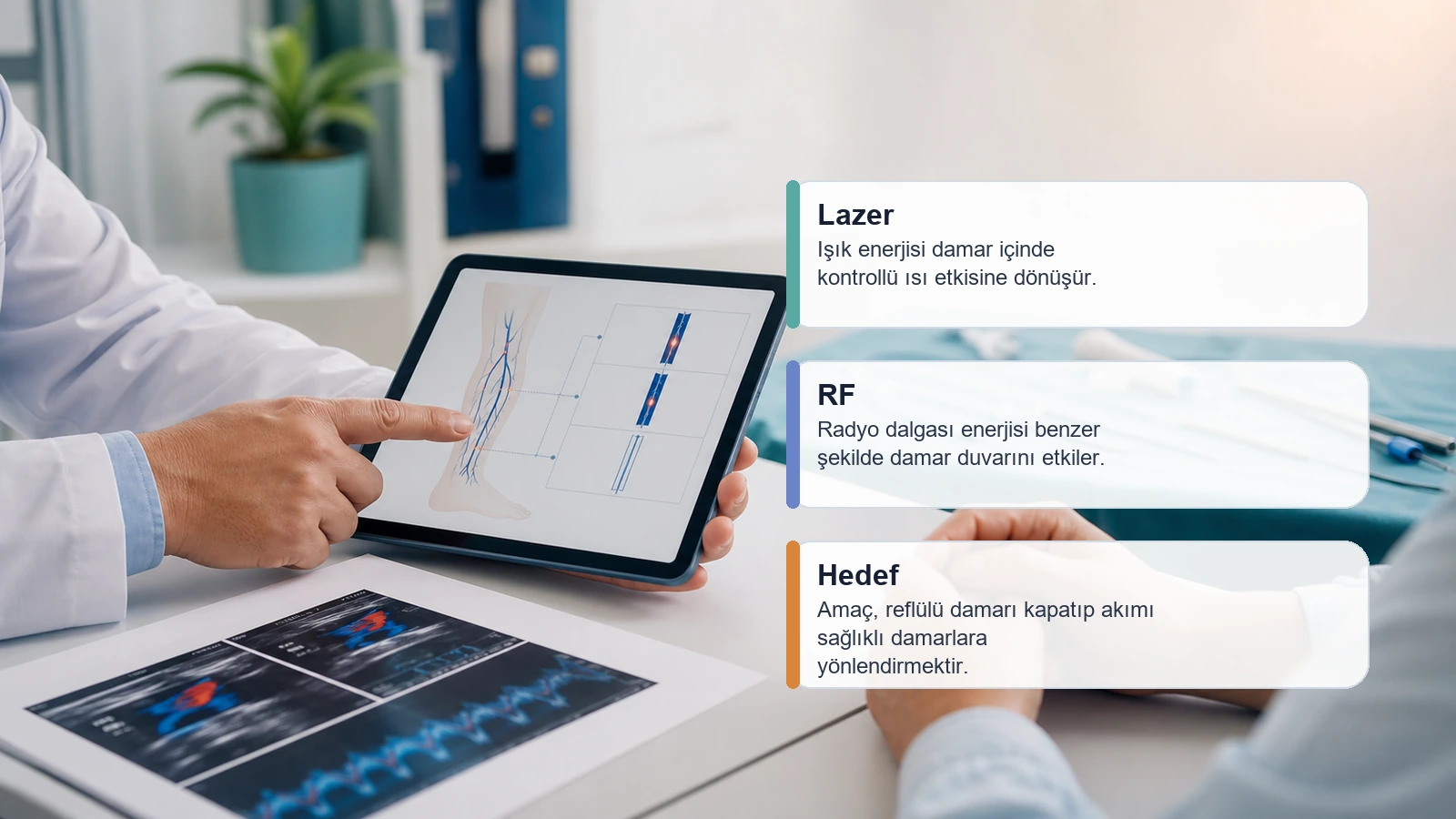 Varis Dopplerinde Safen Ven Yetmezliği Ne Anlama Gelir? için lazer ve radyofrekans enerjisinin damar içinde nasıl etki ettiğini açıklayan premium medikal görsel