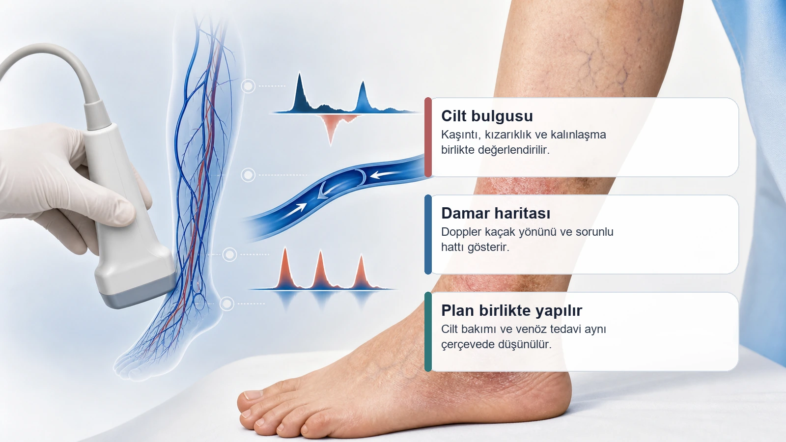 Varis kaşıntısı ve venöz dermatit şüphesinde Doppler ultrason değerlendirmesini anlatan görsel