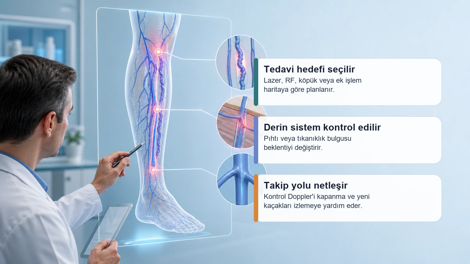 Doppler haritasına göre lazer radyofrekans köpük ve takip planını anlatan medikal görsel