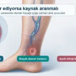Tekrarlayan varis yarasında ayak bileği bölgesine basınç taşıyan damar kaçağını gösteren medikal illüstrasyon